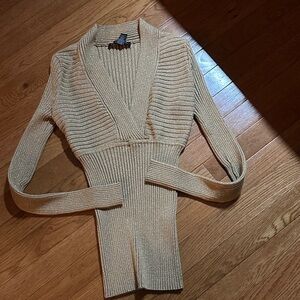 INC International Concepts V-Neck Ribbed Sweater - Gold sparkle